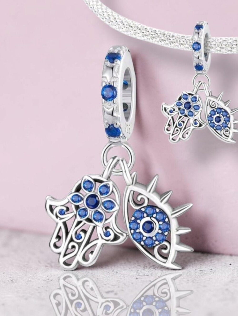 NEW PANDORA-Like Sterling Silver Hamsa Hand & Evil Eye Dual Dangle Charm With CZ